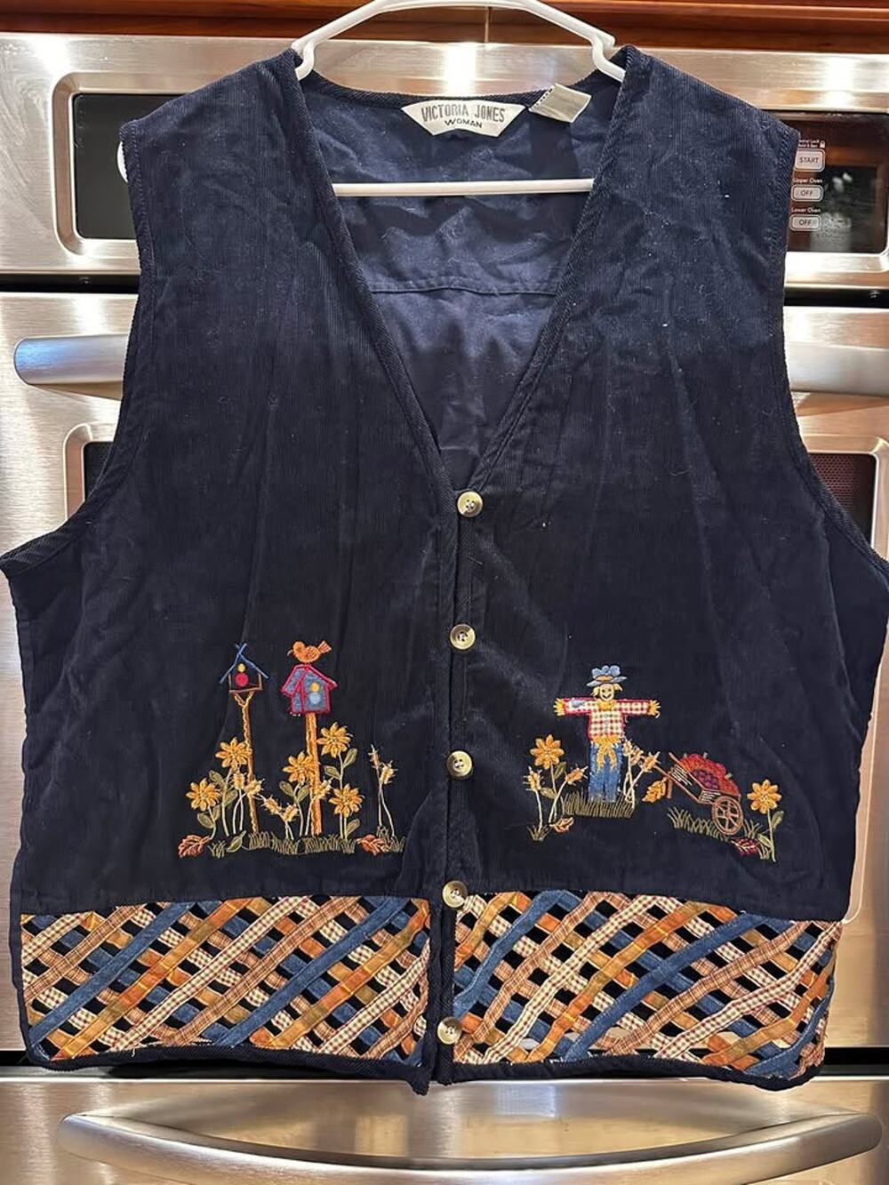 Victoria Jones Woman Navy Blue Corduroy Scarecrow Fall Embroidered Vest Size 1X
